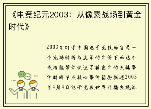 《电竞纪元2003：从像素战场到黄金时代》